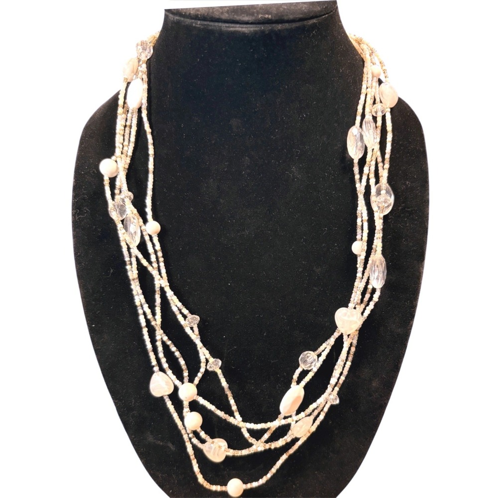 Beachy Multi-Strand Bohemian Necklace White Good Beaded Layered Heart Stone